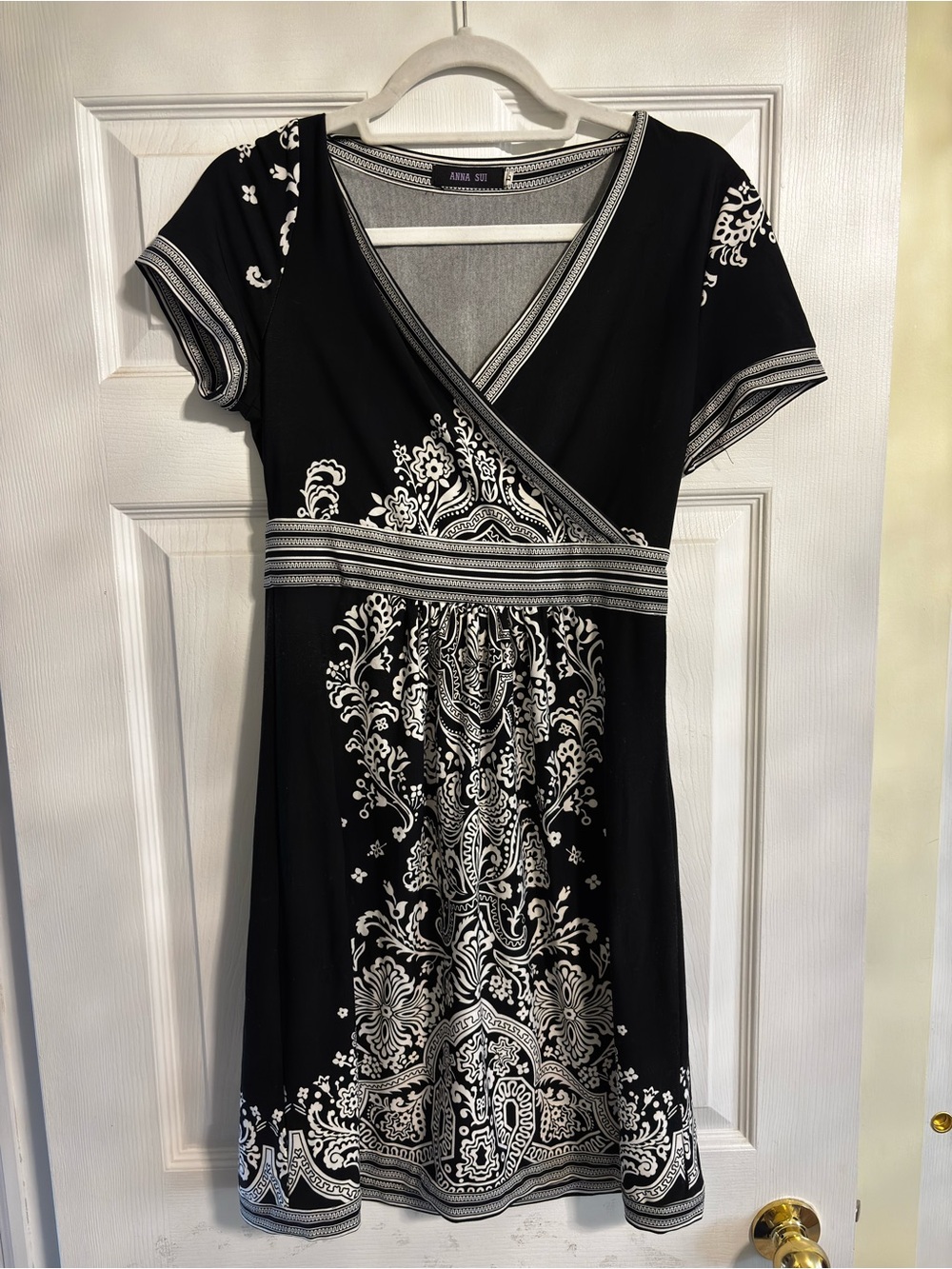 Anna Sui Black and White Paisley-Print Faux Wrap Midi Dress